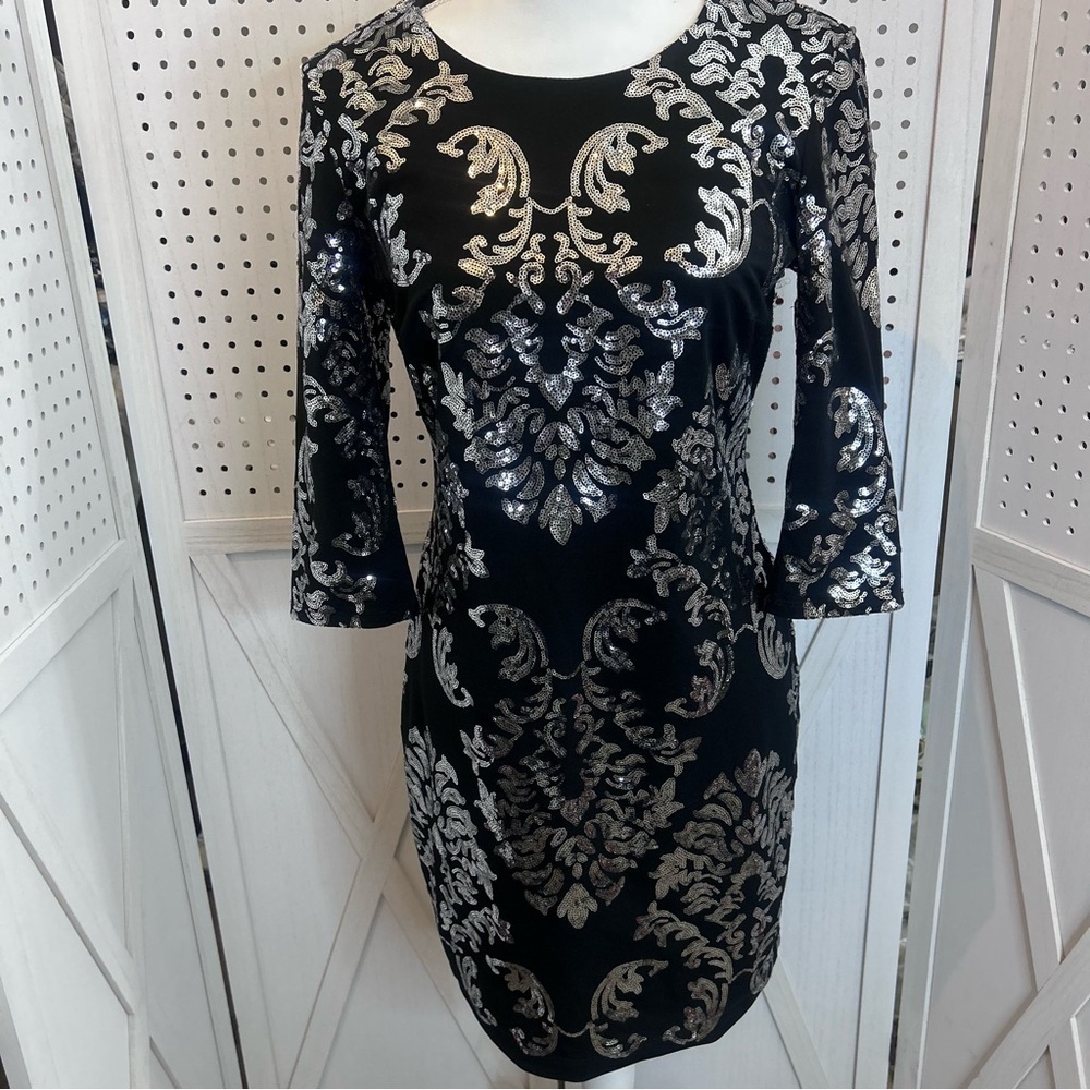 B.Darlin Cocktail Dress Size 13/15 Black  Bodycon Open Back Silver Sequin Mini